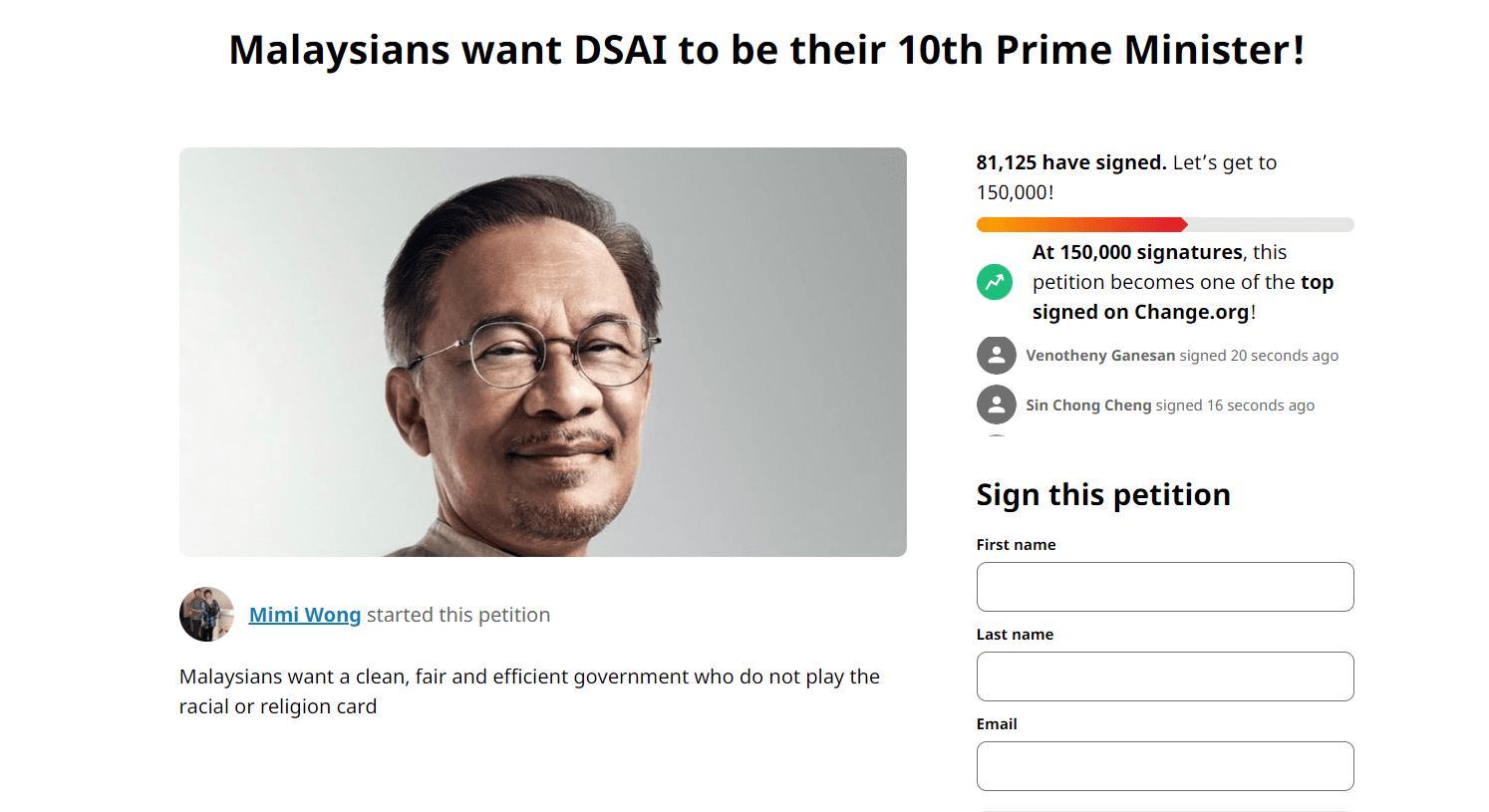 Petition for Anwar to be PM