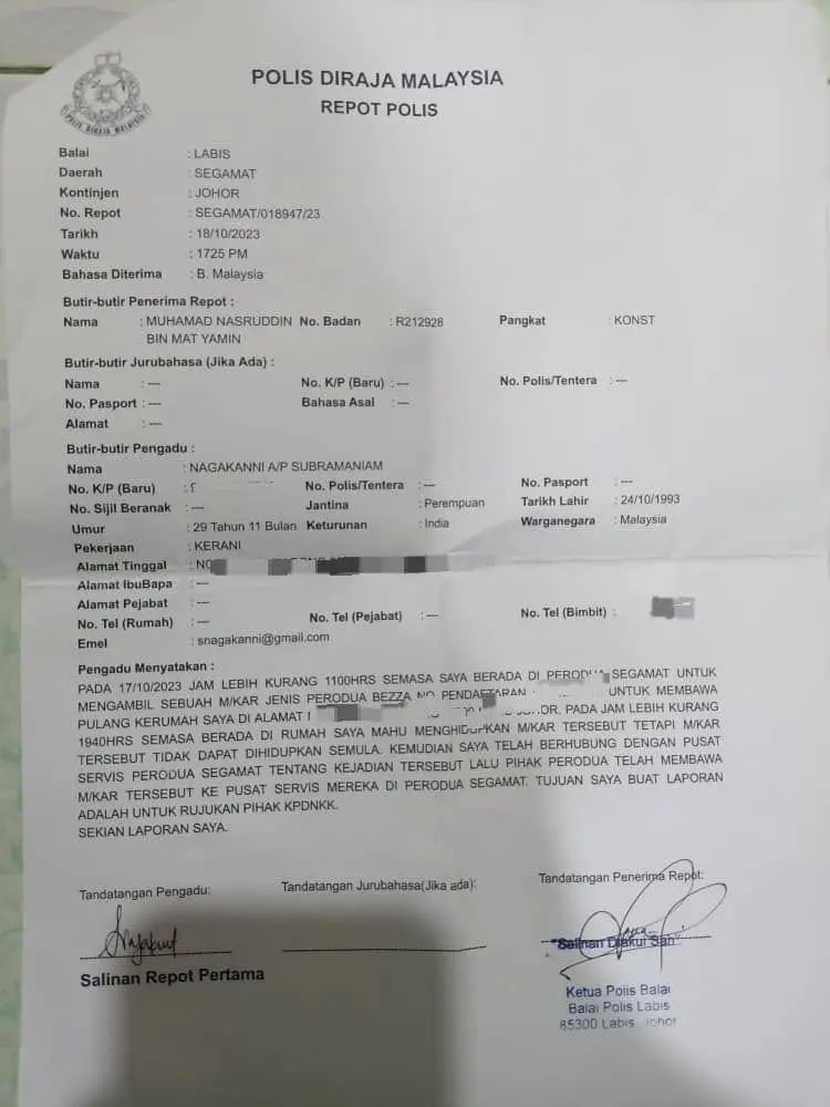M'sian woman lodged police report over spoilt Perodua Bezza