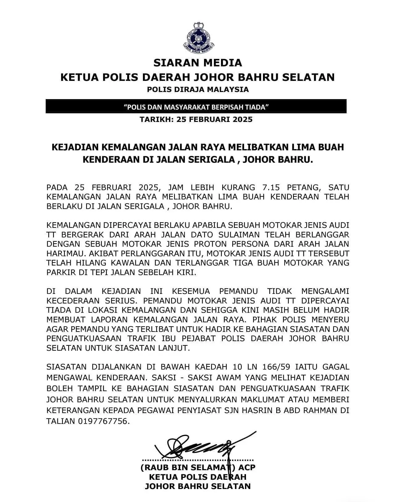 Police statement on JB crash