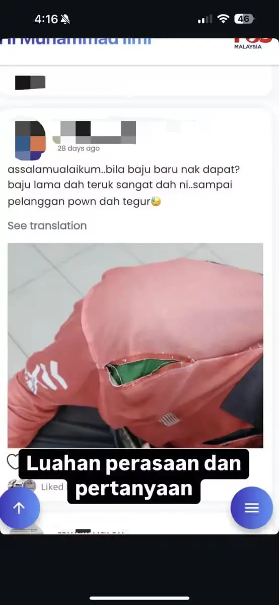 Pos Malaysia worker shows torn uniform