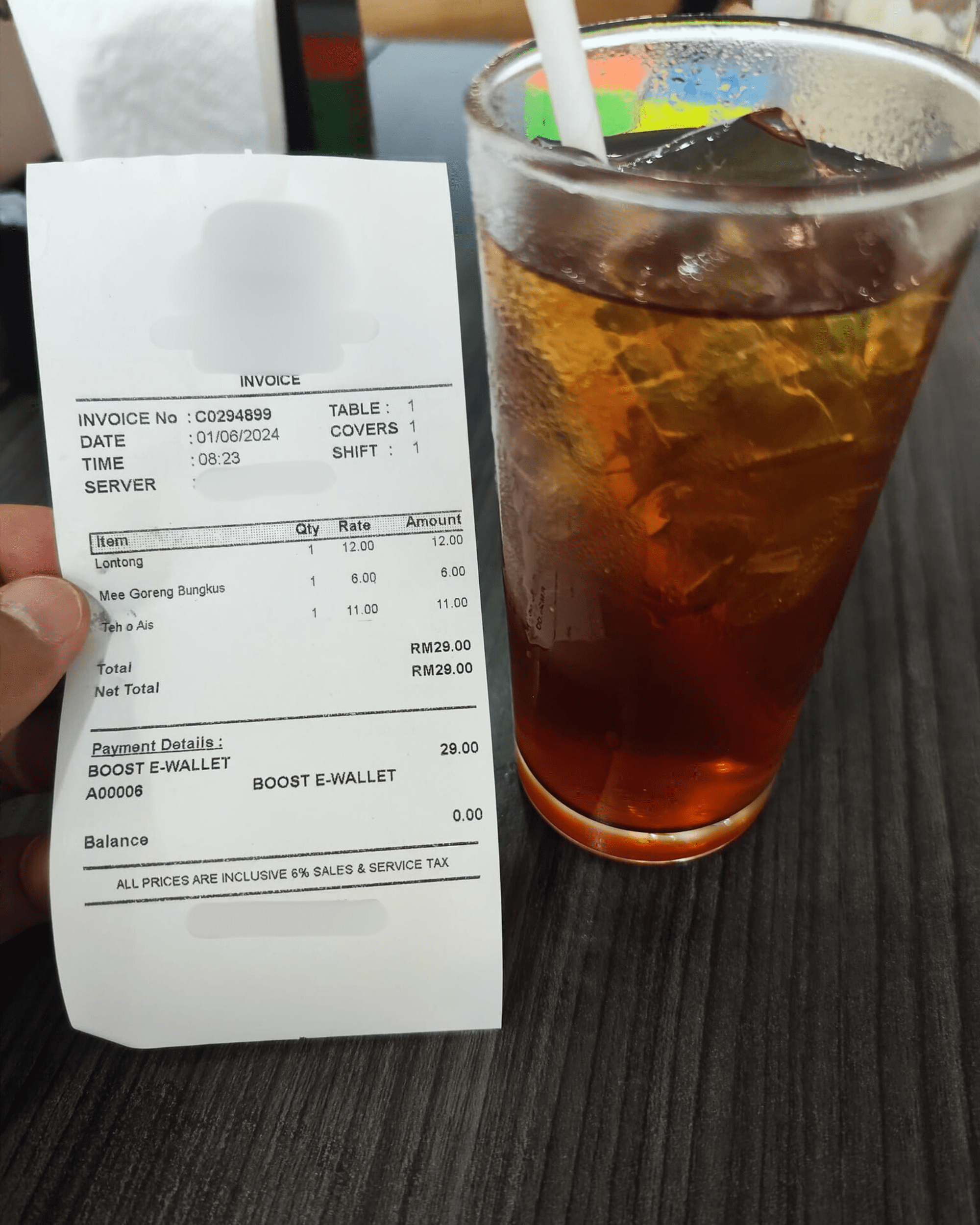 RM11 Teh O Ais Receipt