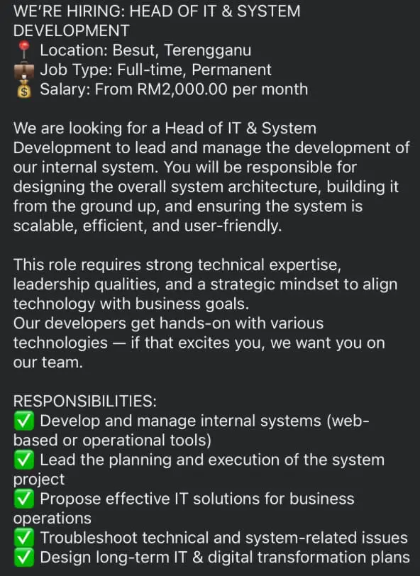 'RM2K For Head of IT?' - M’sians Slam Terengganu Company For Offering Senior Tech Role With Entry-Level Pay