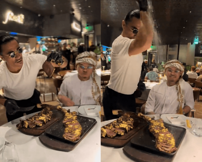 Salt Bae cuts and sprinkles salt on steak
