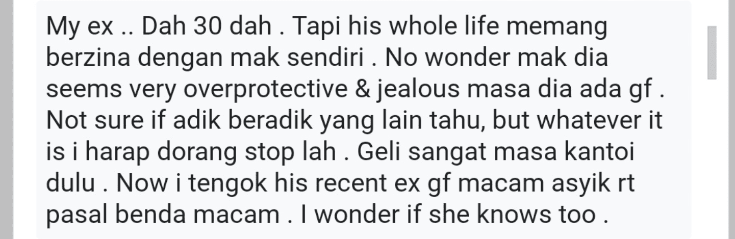 Malaysian woman reveals that she caught her ex boyfriend cheating on her with his own mother