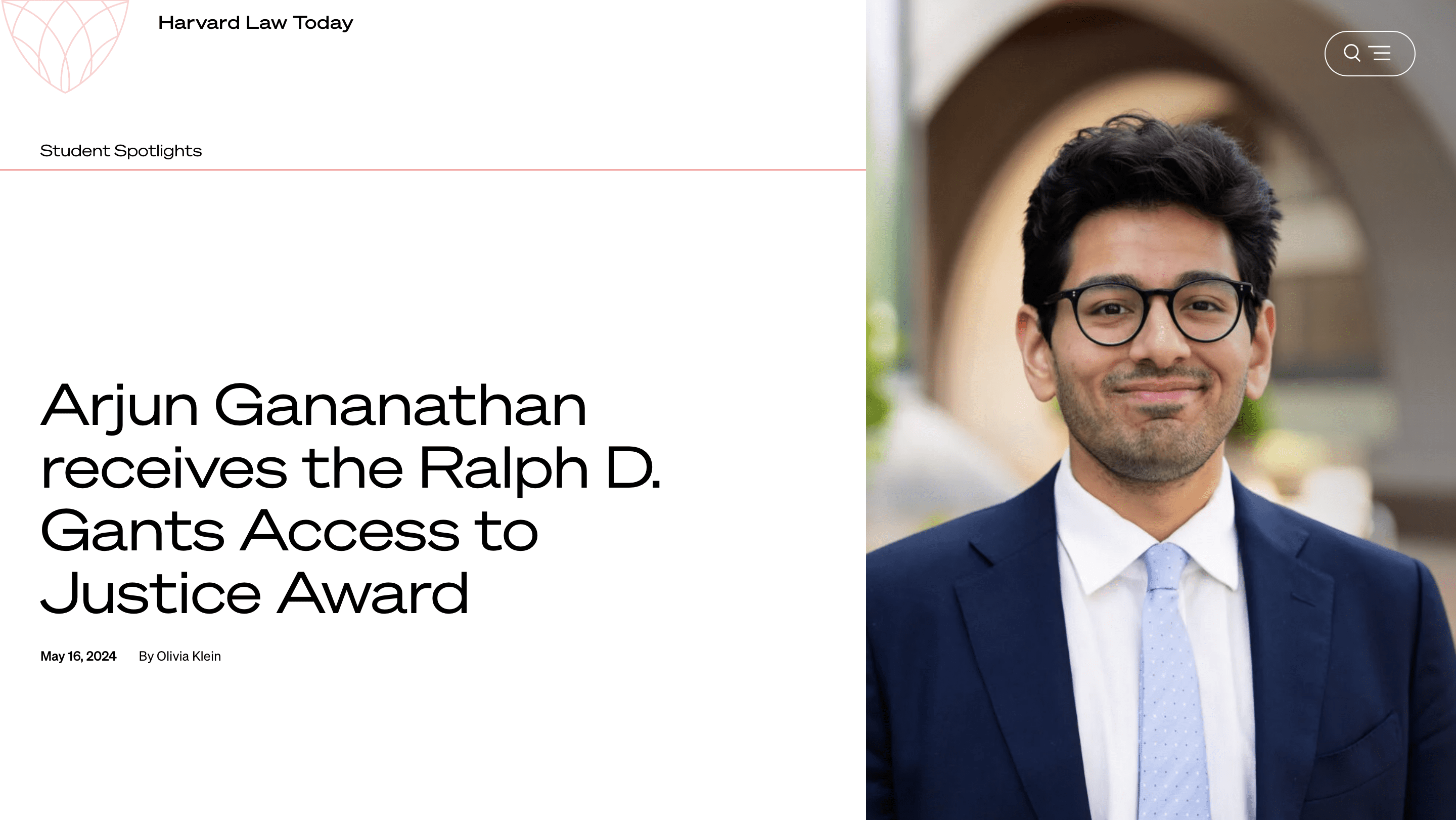 Arjun Gananathan receives the Ralph D. Gants Access to Justice Award