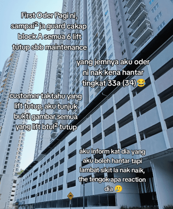 Kind M'sian Customer Stops Delivery Rider From Climbing To 34th Floor After Lift Breaks Down