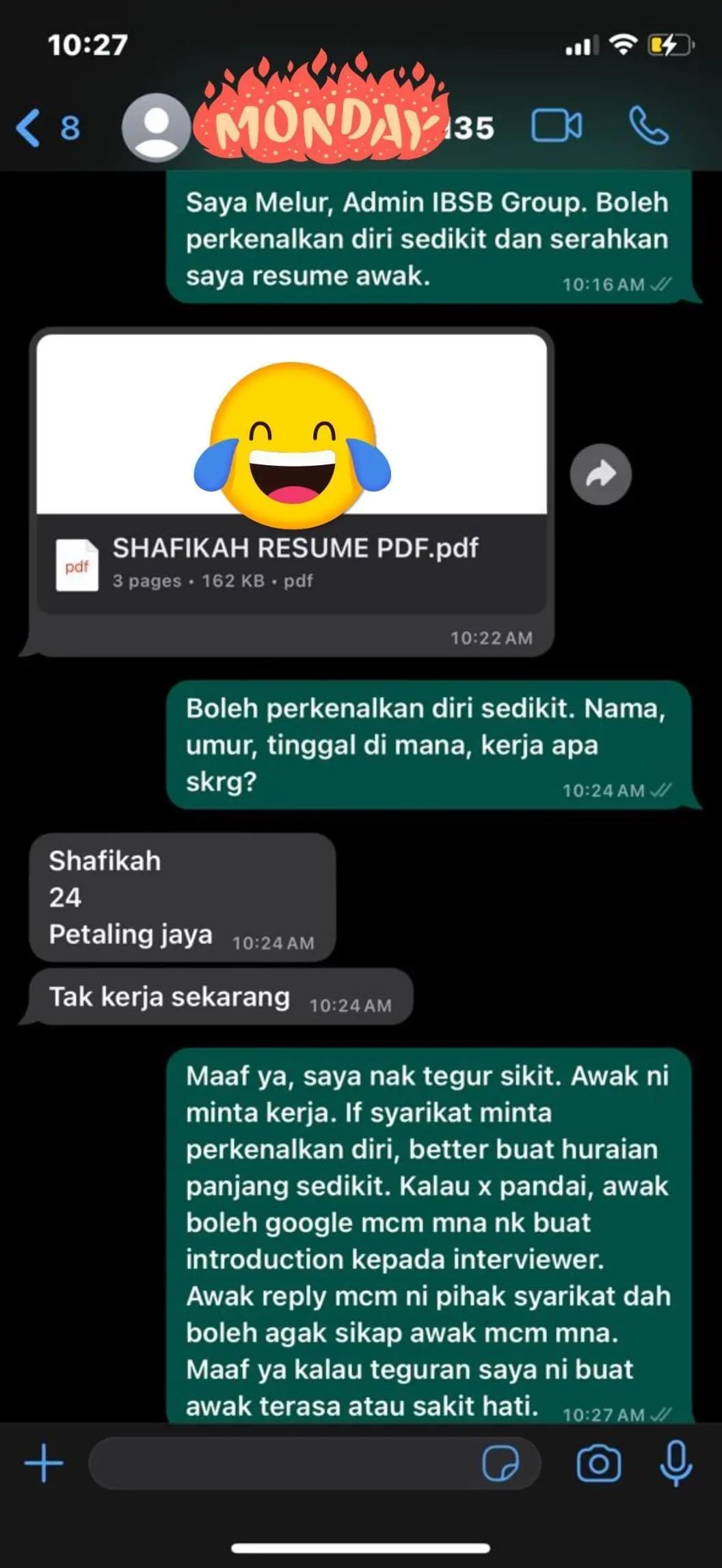 screenshot of a conversation between employer and interviewee 2