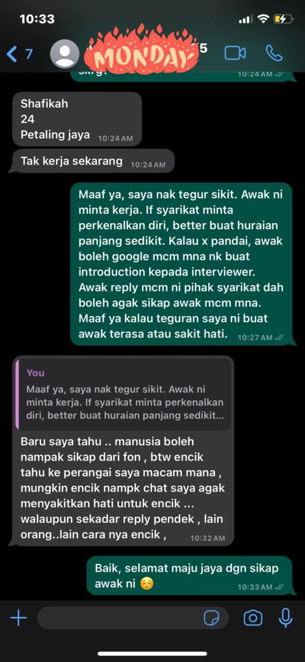 screenshot of a conversation between employer and interviewee