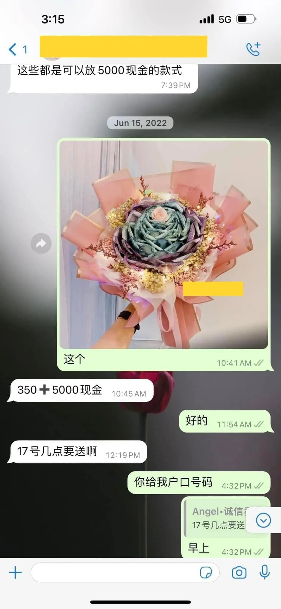 Screenshot of the M'sian man buying RM5k money bouquet