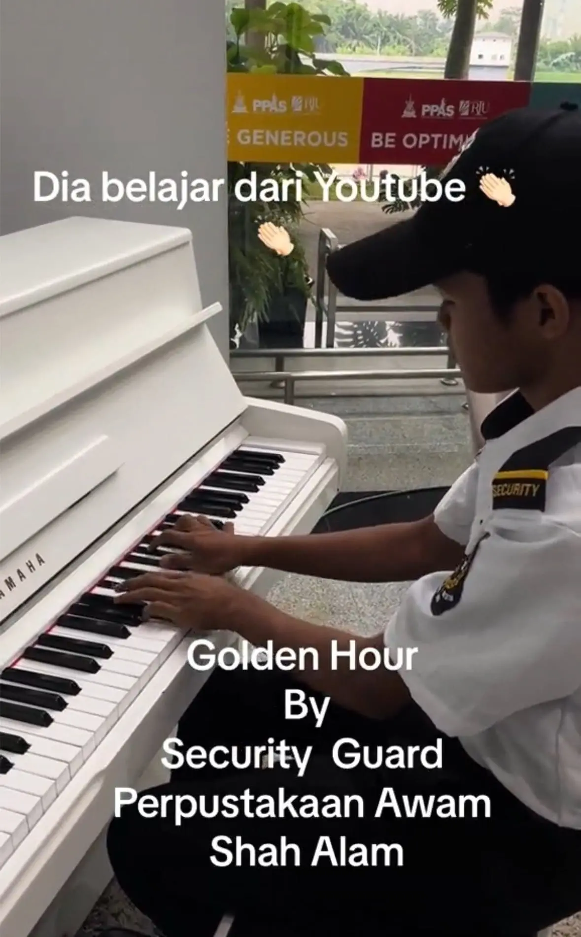 security guard playing piano