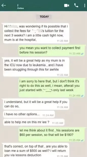 SG tutor asks to borrow money