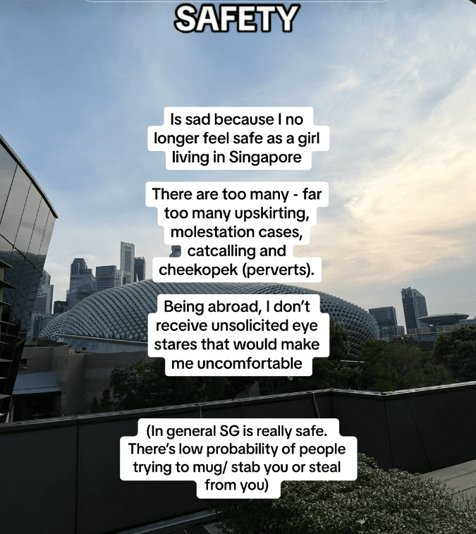 SG woman shares she left S'pore due to safety reasons
