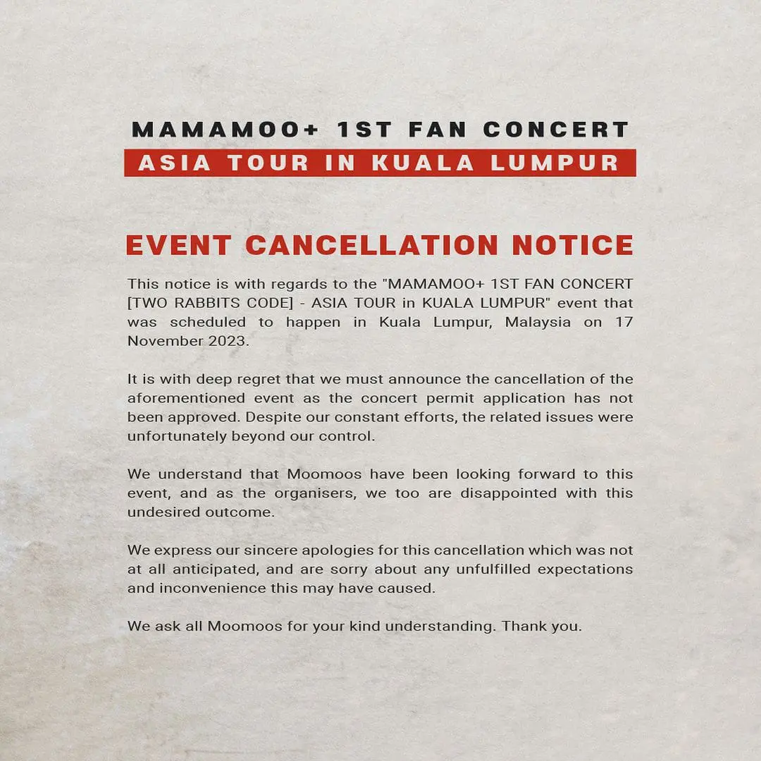 Notice of MAMAMOO concert cancellation Malaysia