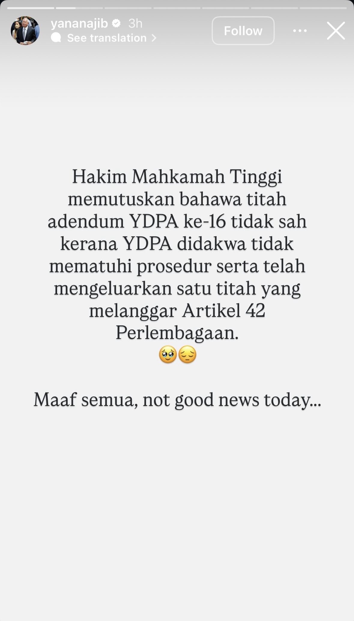 ‘So Sorry Daddy’ — Najib’s Daughter Tells Father To Stay Strong After Court Rejects House Arrest Bid