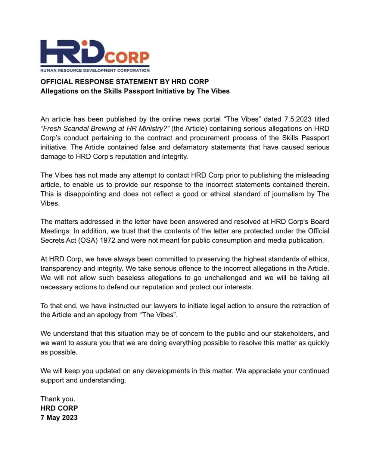 Statement from HRD Corp