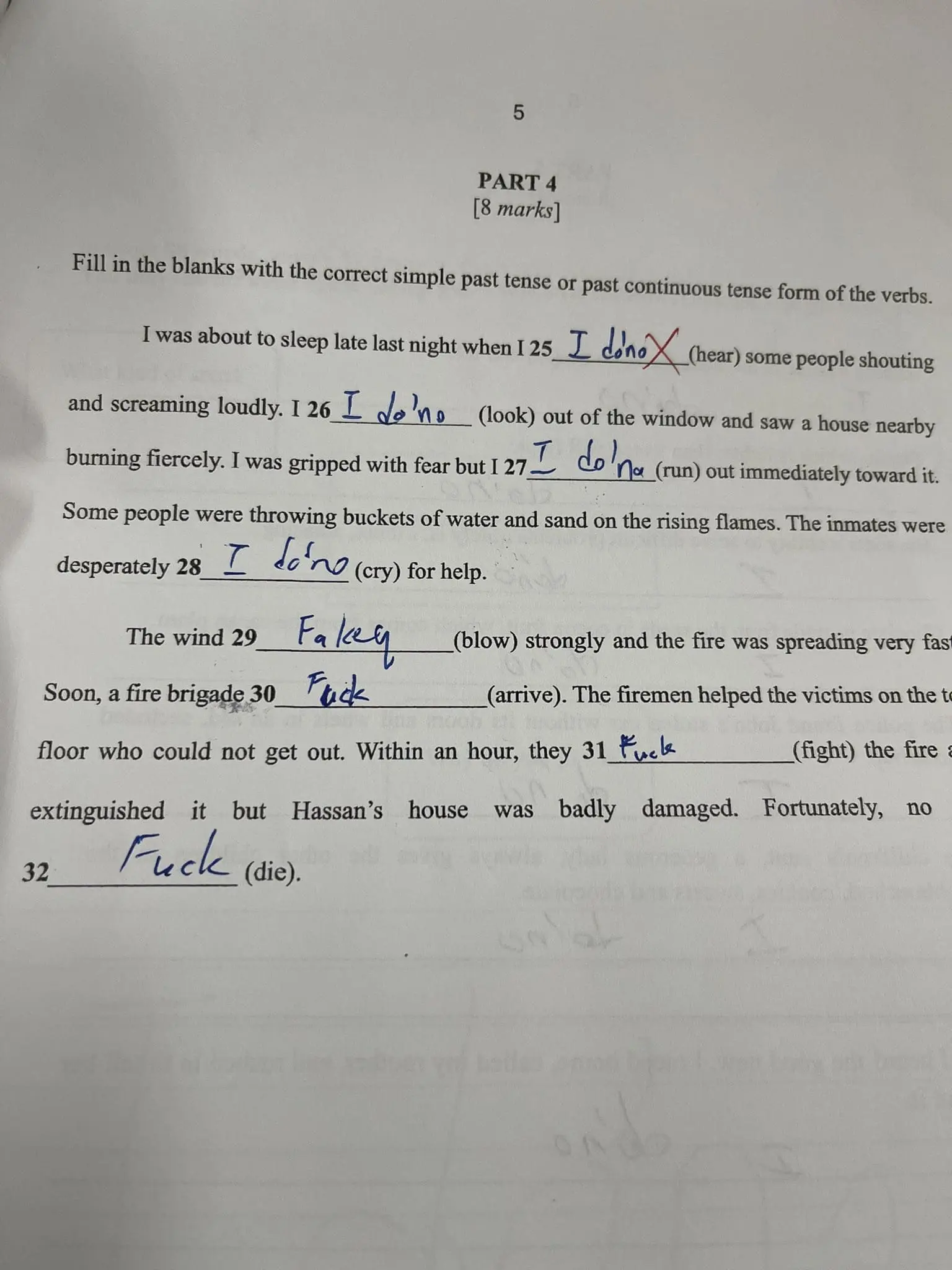 Student write F word on exam paper