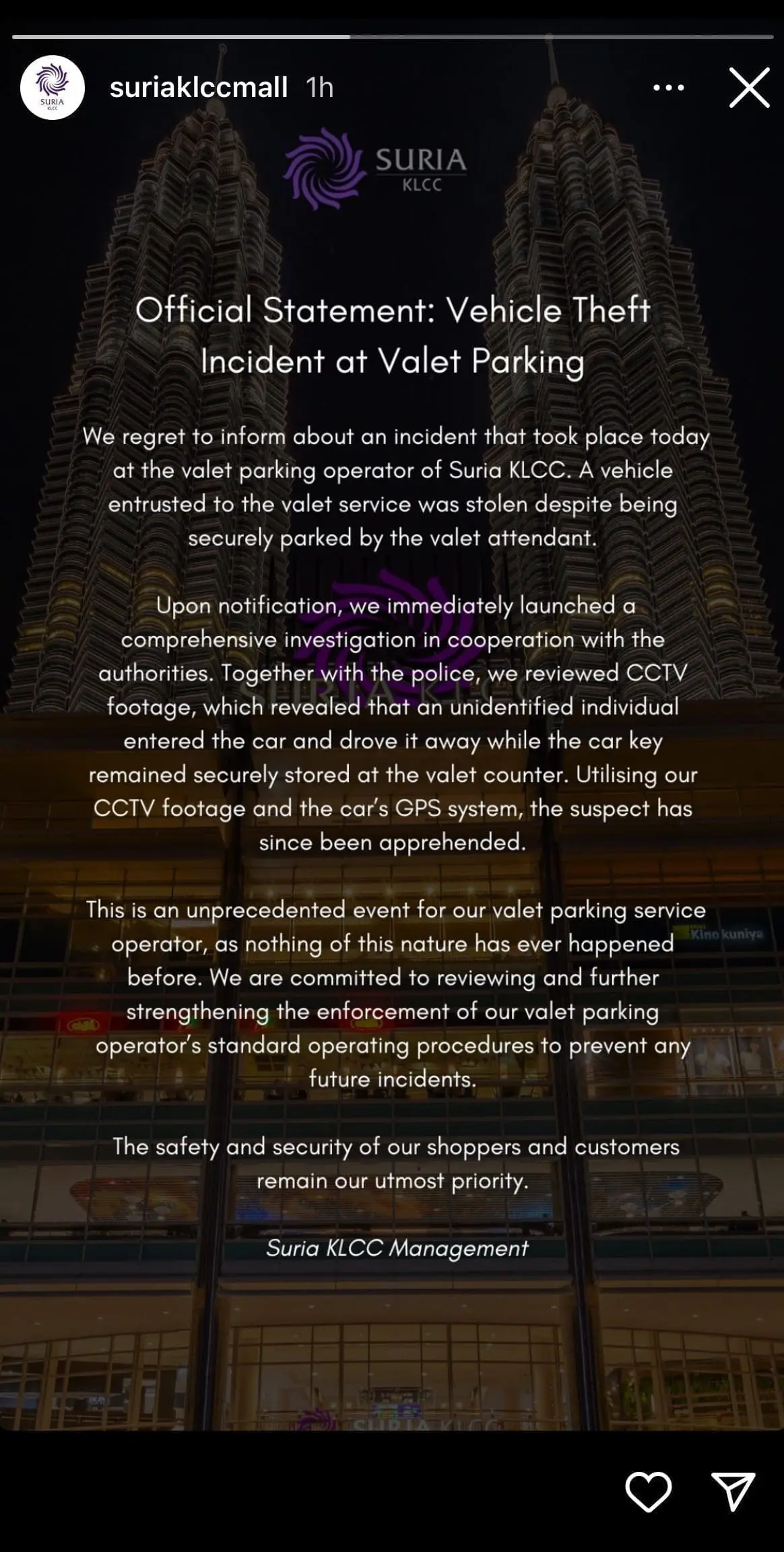 Suria KLCC Statement about car missing