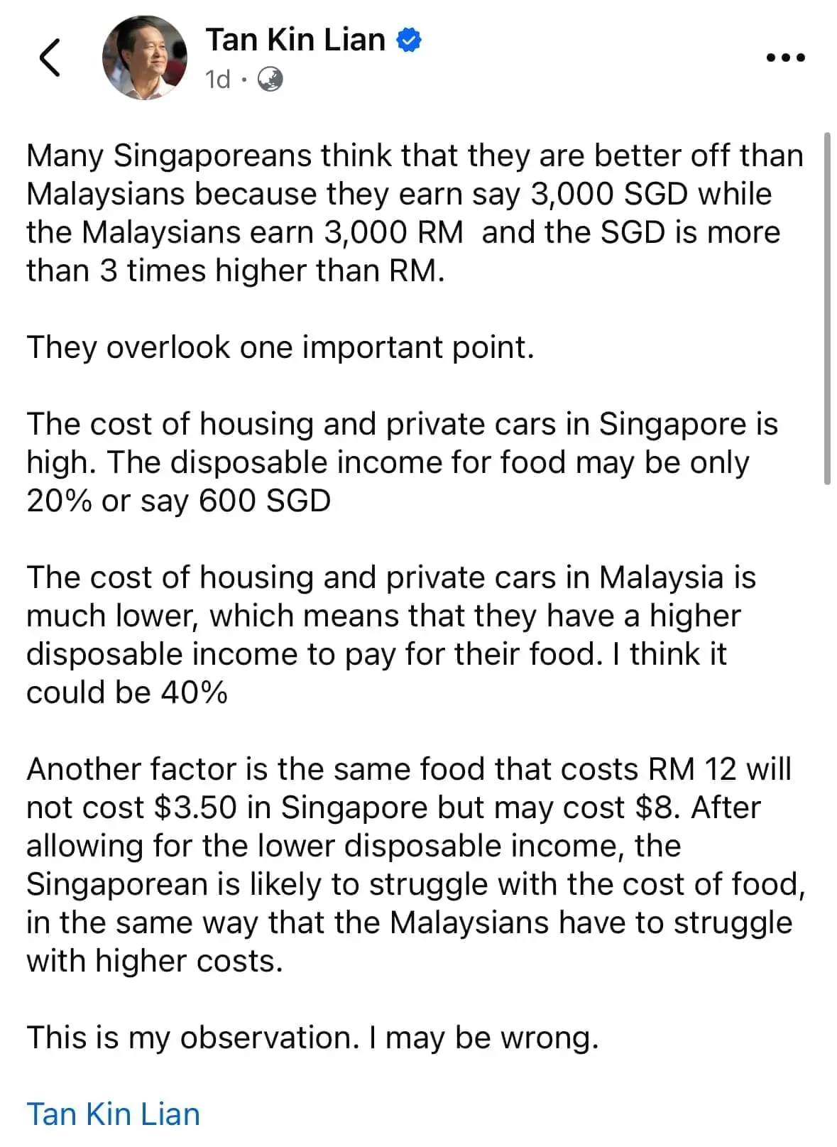 tan kin lian malaysia has more spending power compared to sg