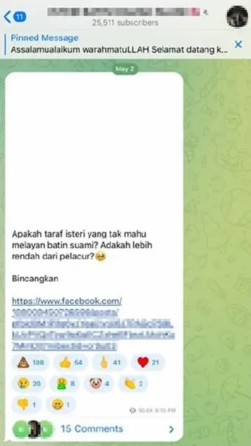 A screenshot of woman who tells wives to serve their husband like prostitutes on Telegram.