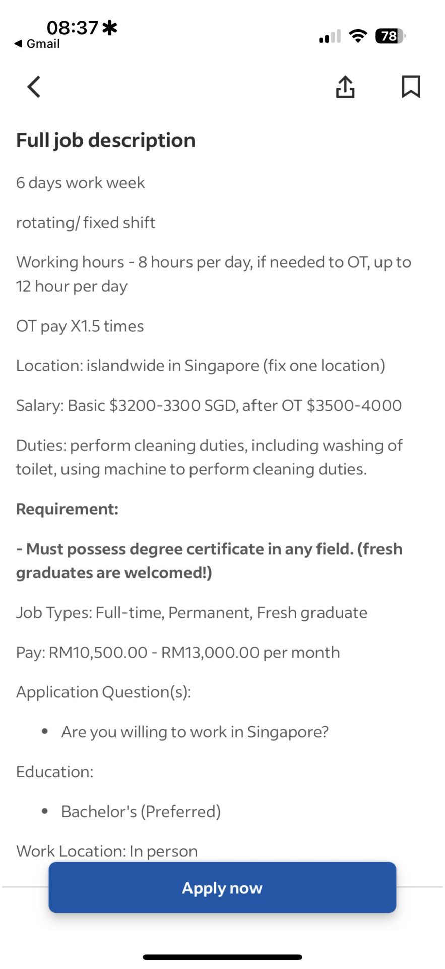 Toilet cleaner job listing