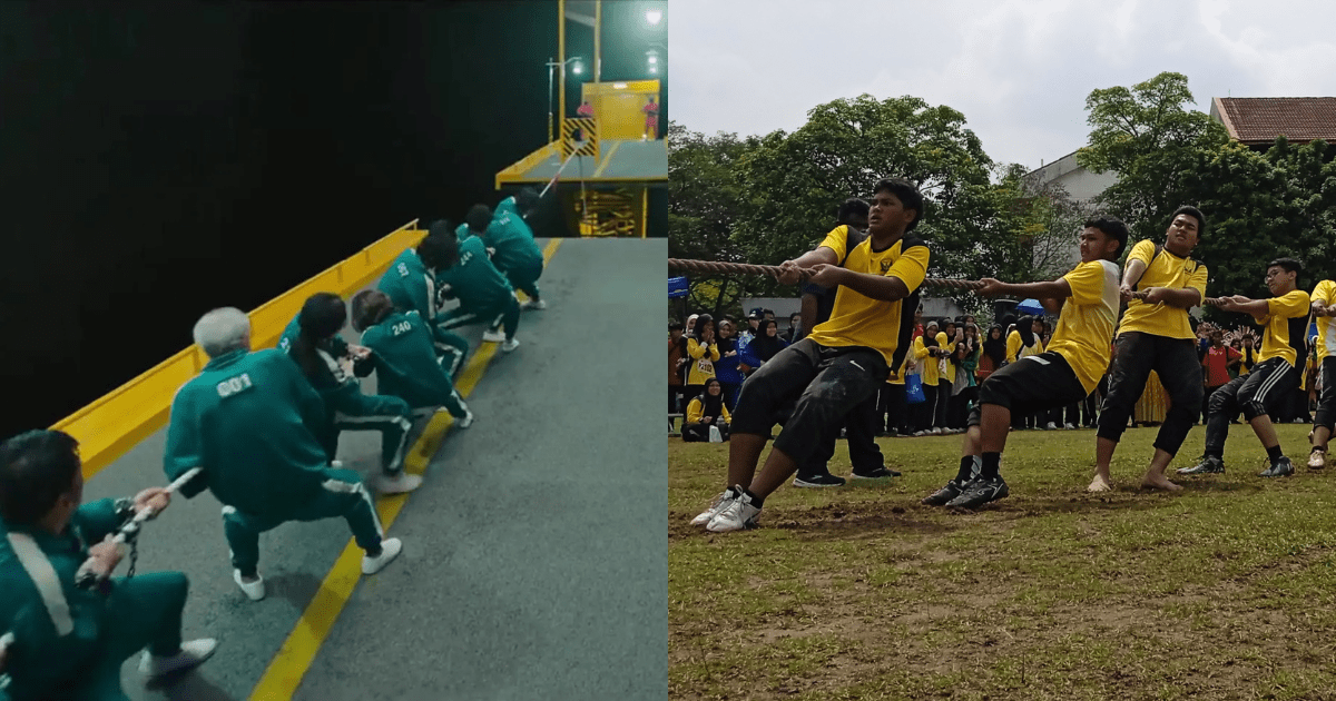 tug of war scene in squid game and malaysian chilhood tarik tali game