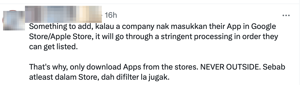 A tweet reminding everyone not to download APK file