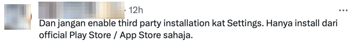 A tweet reminding everyone not to download APK file