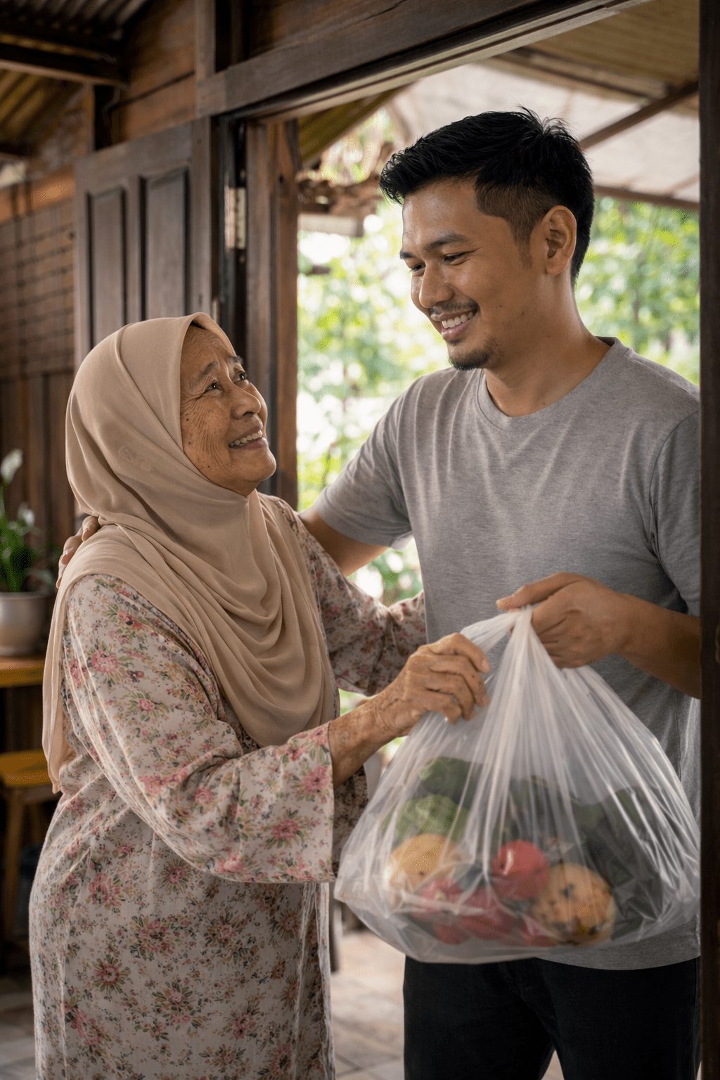 Visiting his mum house