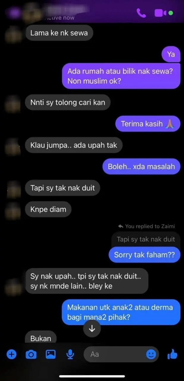 a screenshot of a chat a msian woman had with a man in facebook messenger