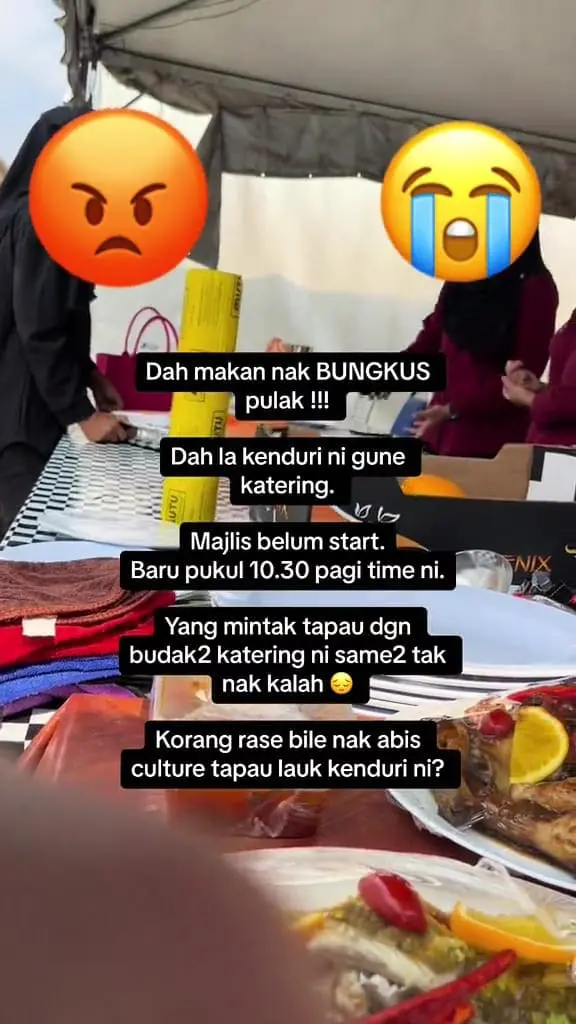msian woman asking to tapau food to a catering staff