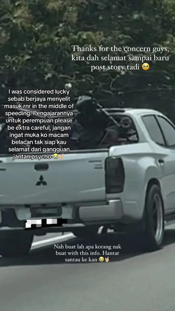 msian woman showing a car that followed her from behind