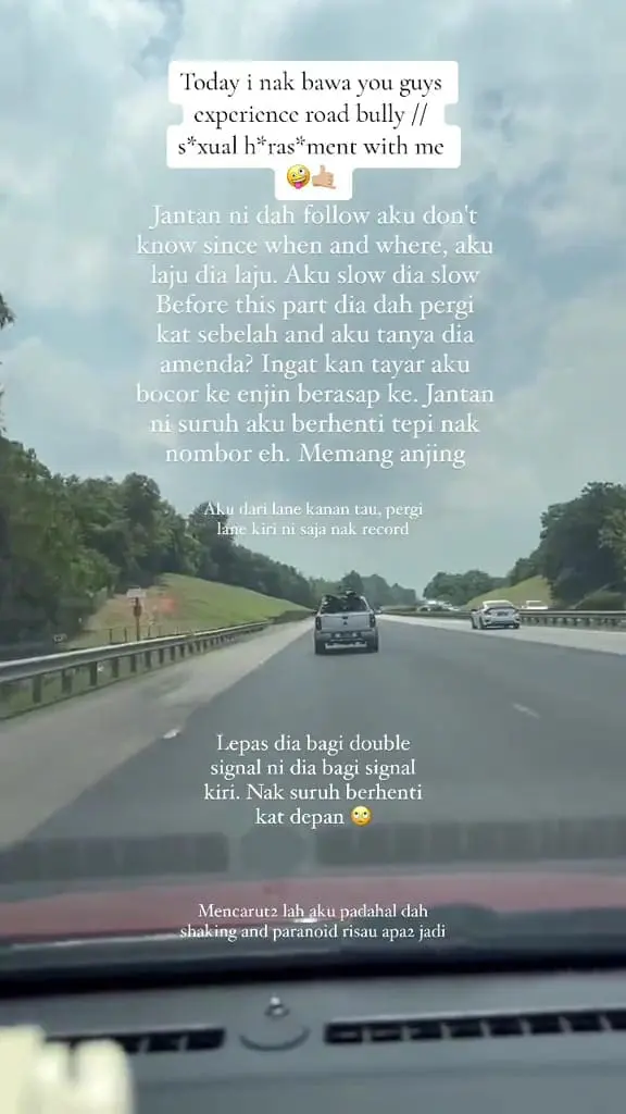 msian woman showing a car that doesn't let her to cut his car on road