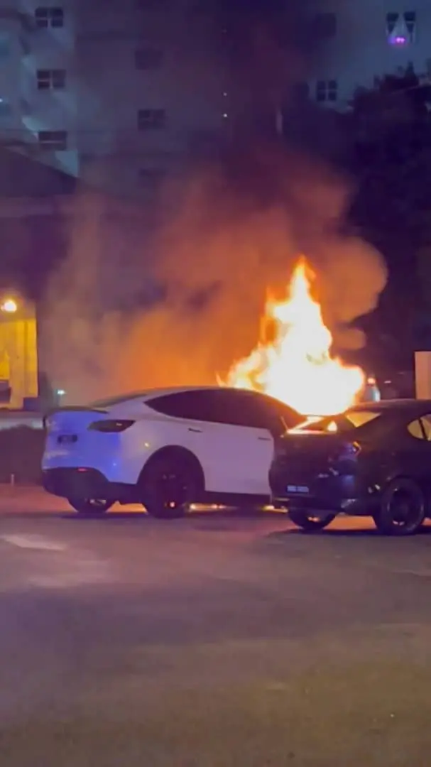 Parked Tesla car was caught on camera burning