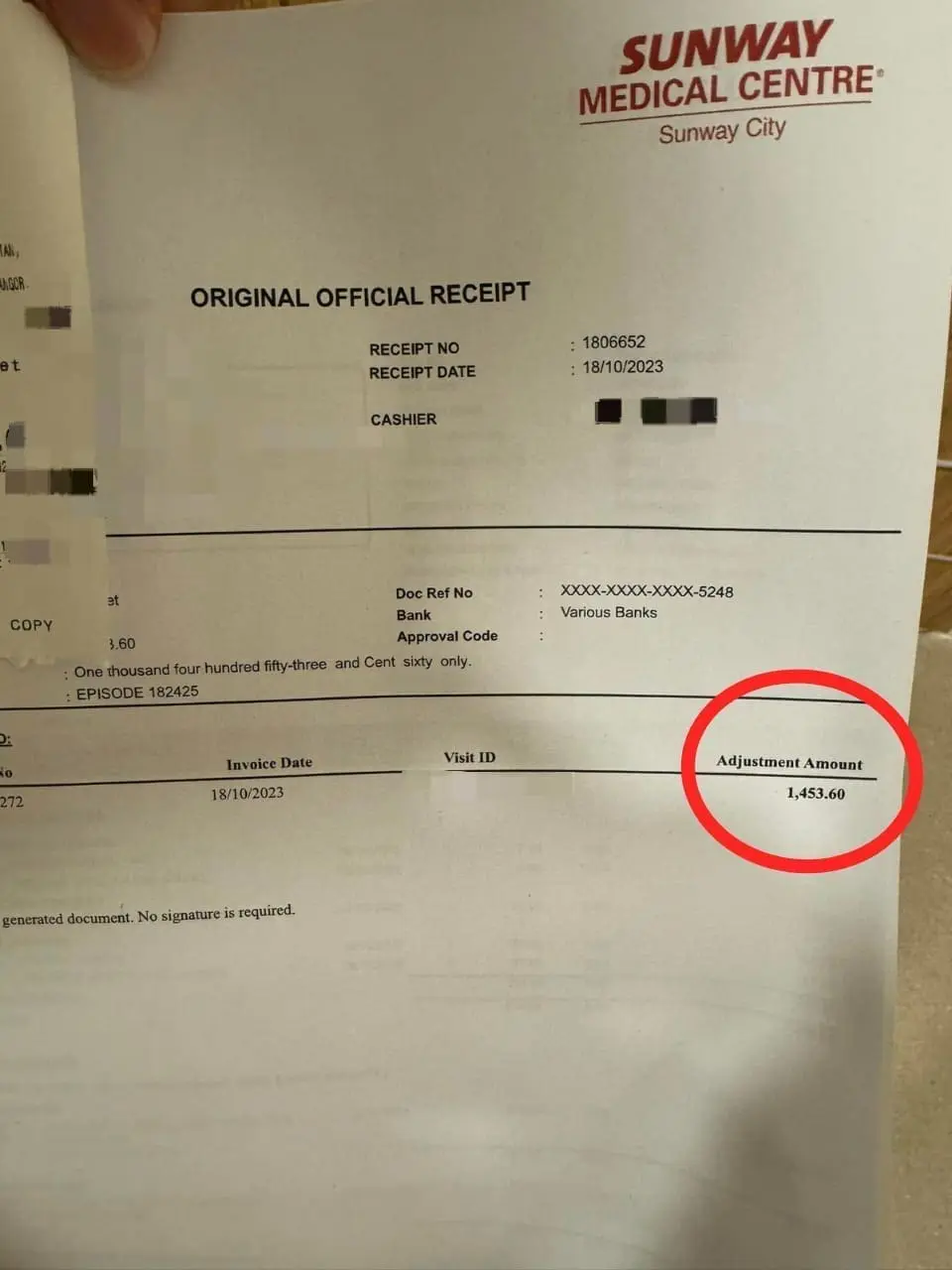 Tan Boon Heong's medical receipt after taking out the tiny fish bone