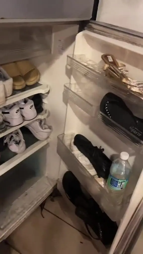 An unused fridge is filled with shoes