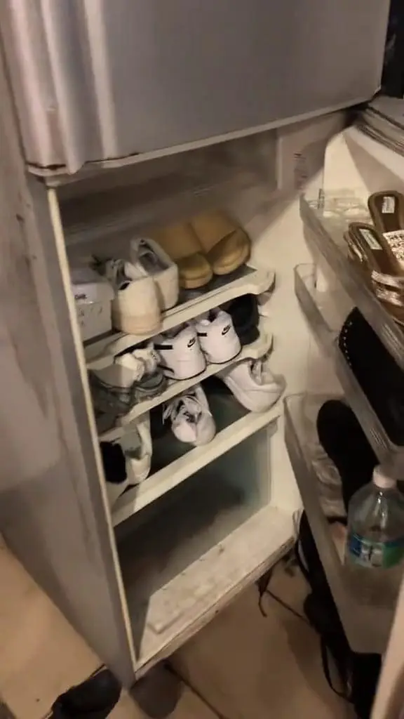 An unused fridge is filled with shoes in all racks