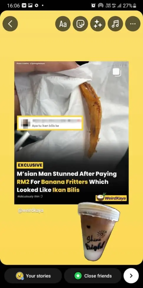 Screenshot a picture showing new feature "Sticker" can be attached in the story. 