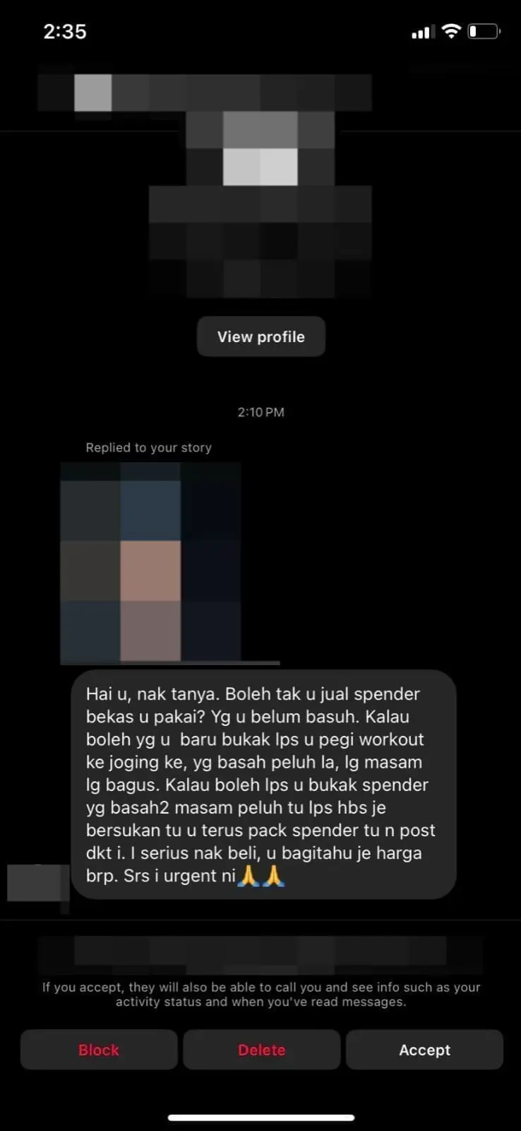 A screenshot shared by a M'sian woman shows a lewd message she received from one of her Instagram followers.