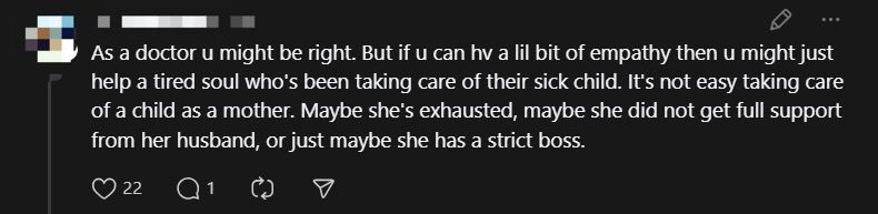 M'sian Mum Calls Doctor 'Cruel' & Threatens To Report Him For Refusing To Give Her MC To Care For Sick Child comment 3