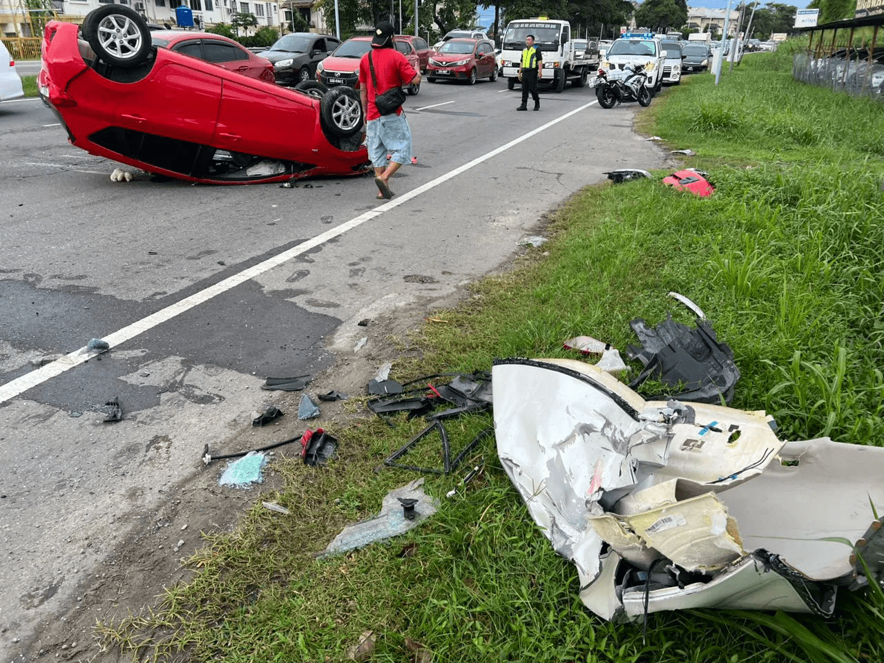 Wrecked Toyota Camry in Sabah road accident