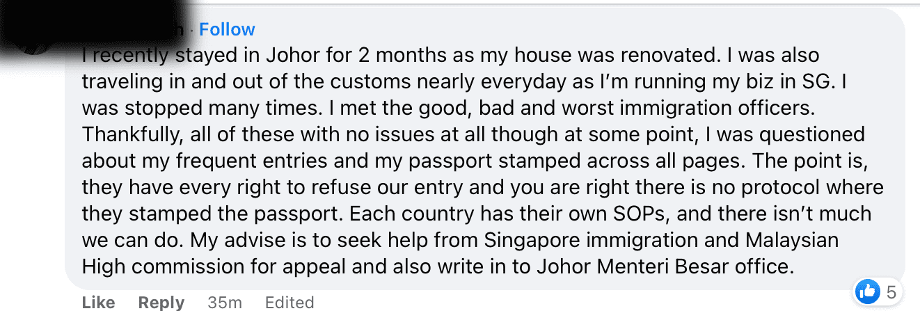 Comment from Facebook regarding the SG couple who got barred from entering Malaysia.