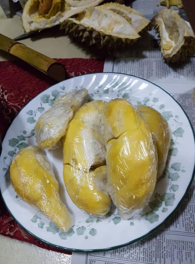 durian wrapped with plastic wrap