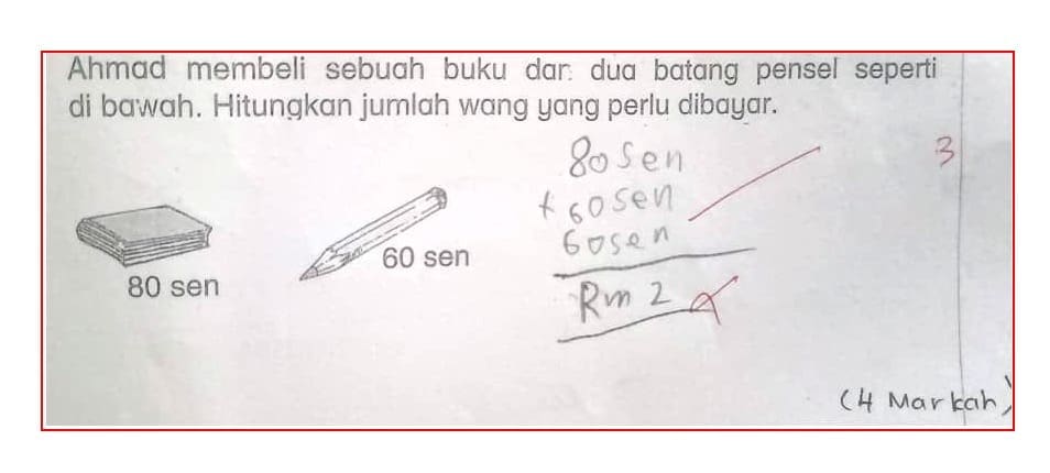 M'sian student writes RM2 instead of 200 sen for Math question
