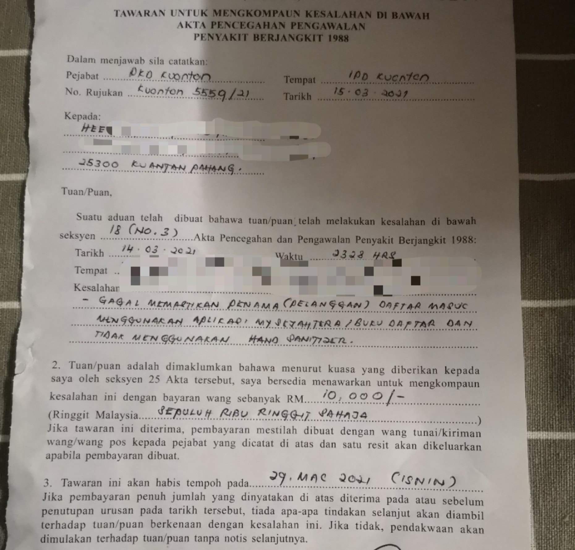 Woman complains of being fined RM10K due to customer's non-compliance