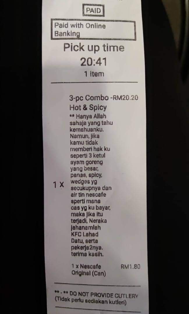 "May the whole outlet suffer in Hell!" Customer threatens KFC in lengthy delivery order