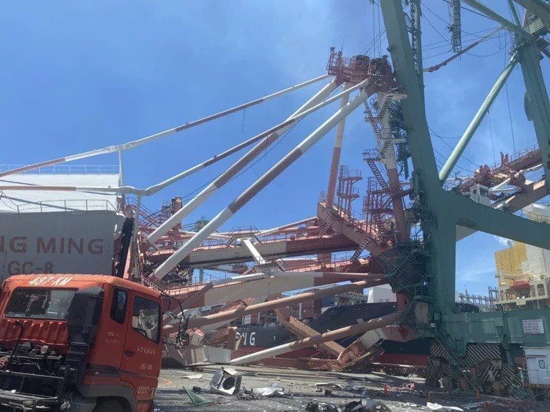 Massive crane sent crashing after container ship collides with it