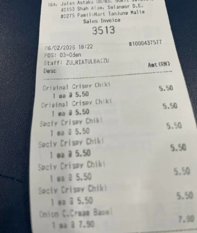 Convenient store receipt