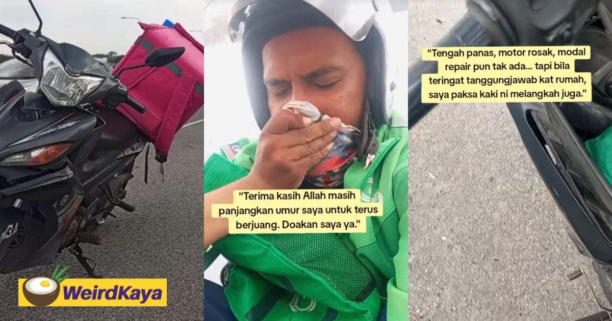M'sian delivery rider nearly gives up after motorbike breaks down on highway, grits teeth & carries on