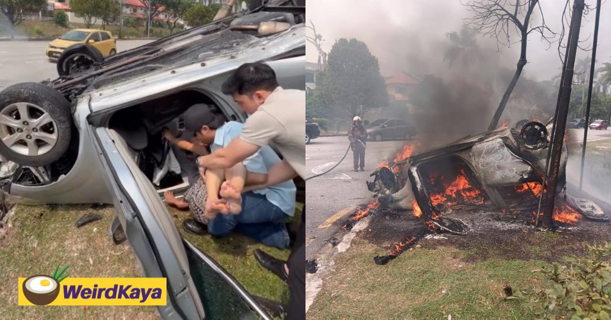 wk m’sian elderly woman rescued by youths after car overturns & catches fire in bandar utama