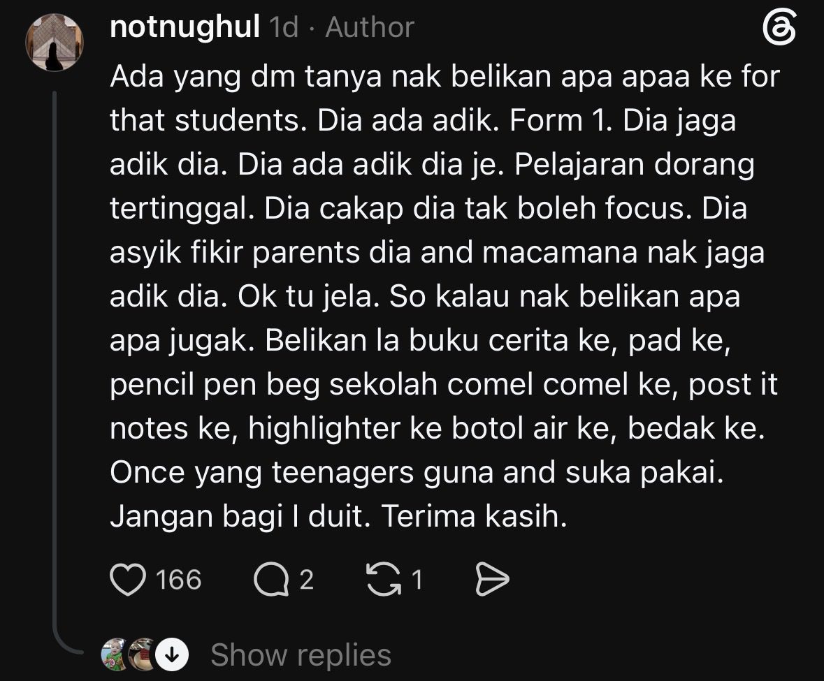 Urged public to help less fortunate students